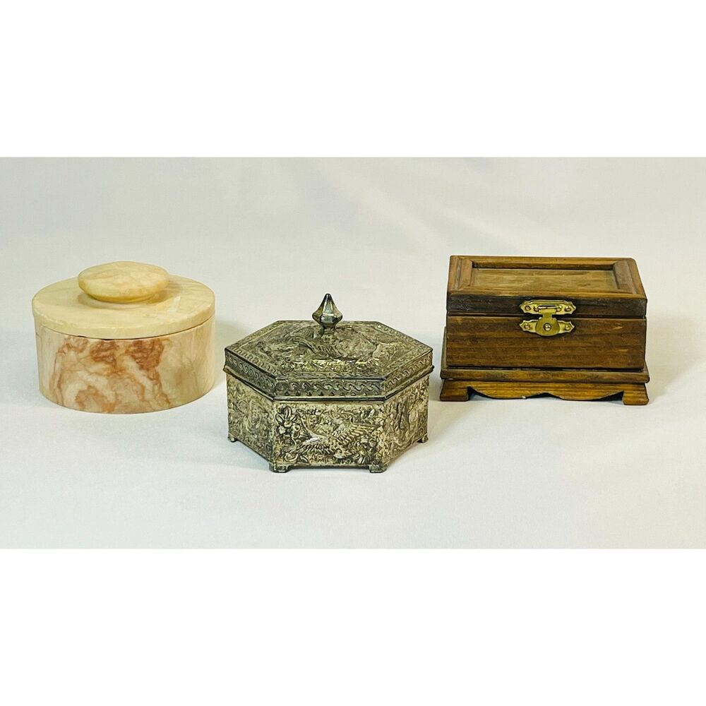 Trio (3) of Trinket Boxes Vintage Crane Metal Alabaster Wood